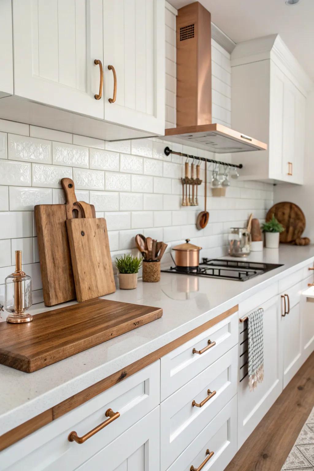 Cozy copper fittings including vintage beauty to a light-colored cooking area.