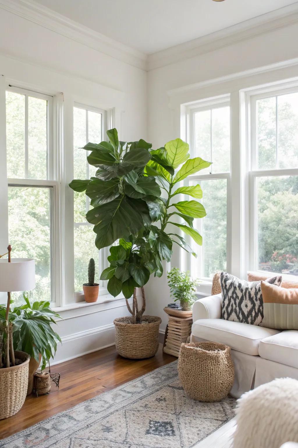 Greenery enhances the vibrancy of a white area.