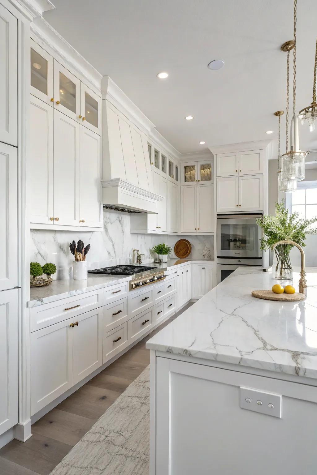 Marble countertops incorporate sophistication and luminosity to the cooking area.