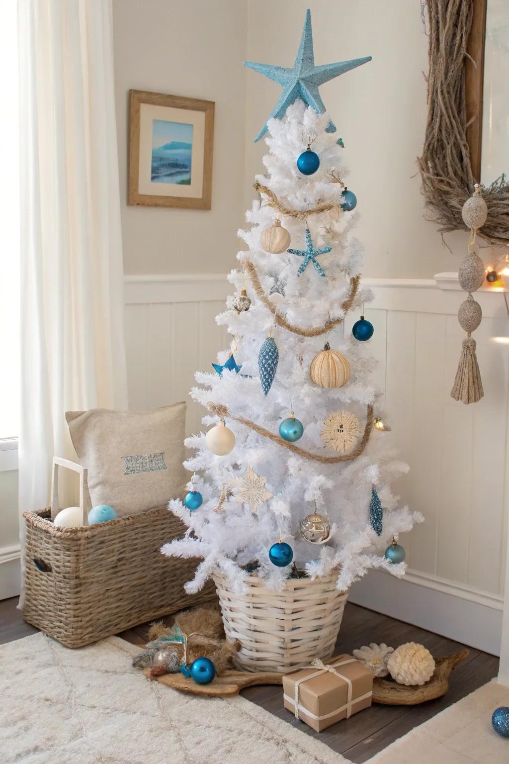 A seaside-themed white pencil tree using seashells and azure touches.