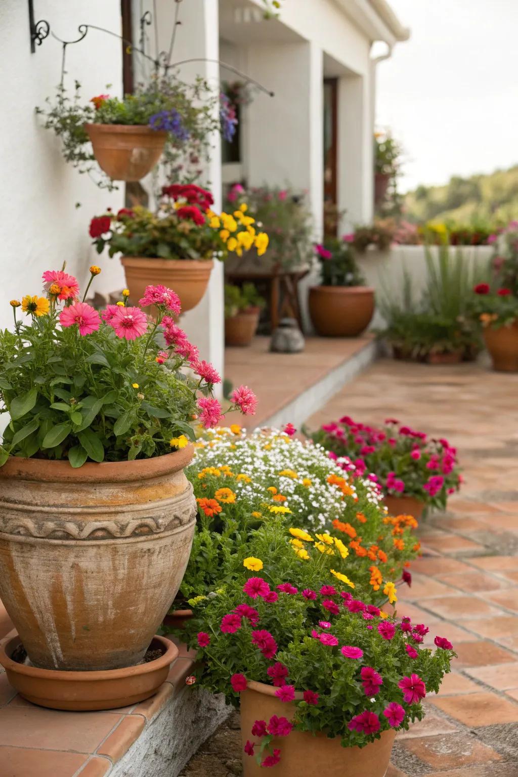 A lively presentation of botanicals in ornamental containers.