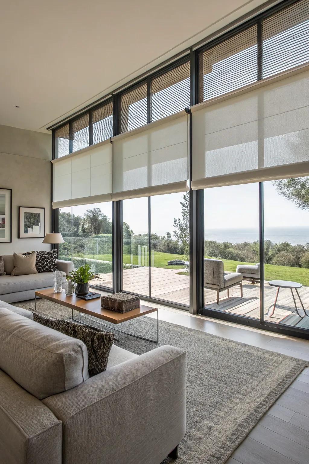 Motorized blinds feature easy use for big windows.