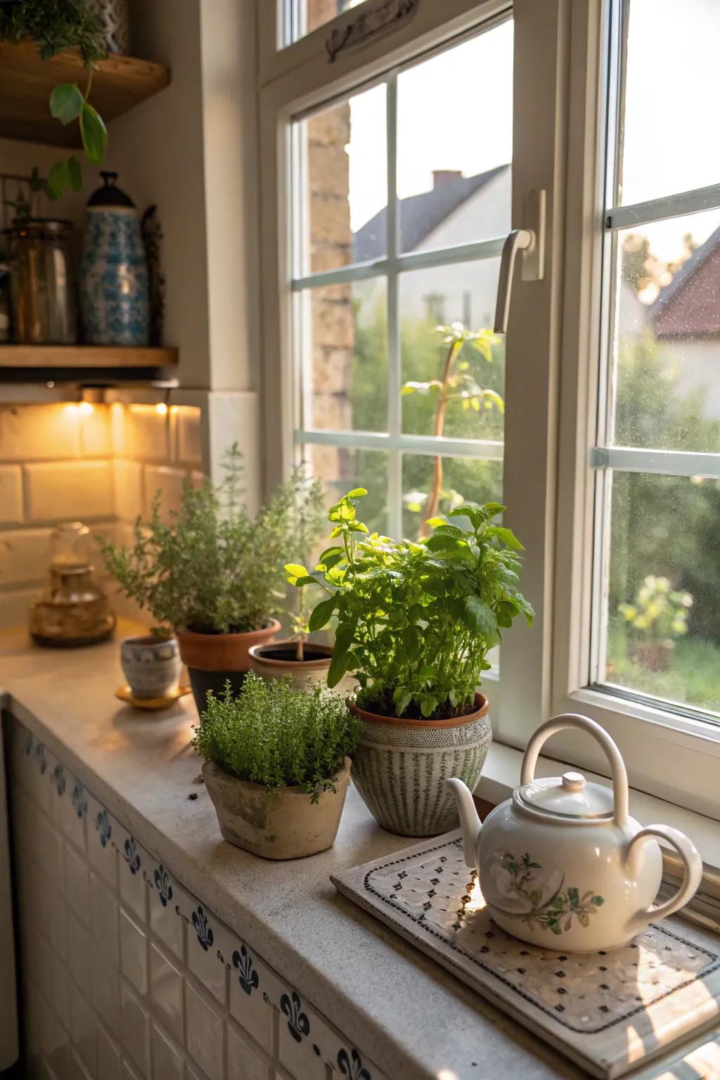 Blend beauty and practicality in your kitchen windows with compact potted herbs.