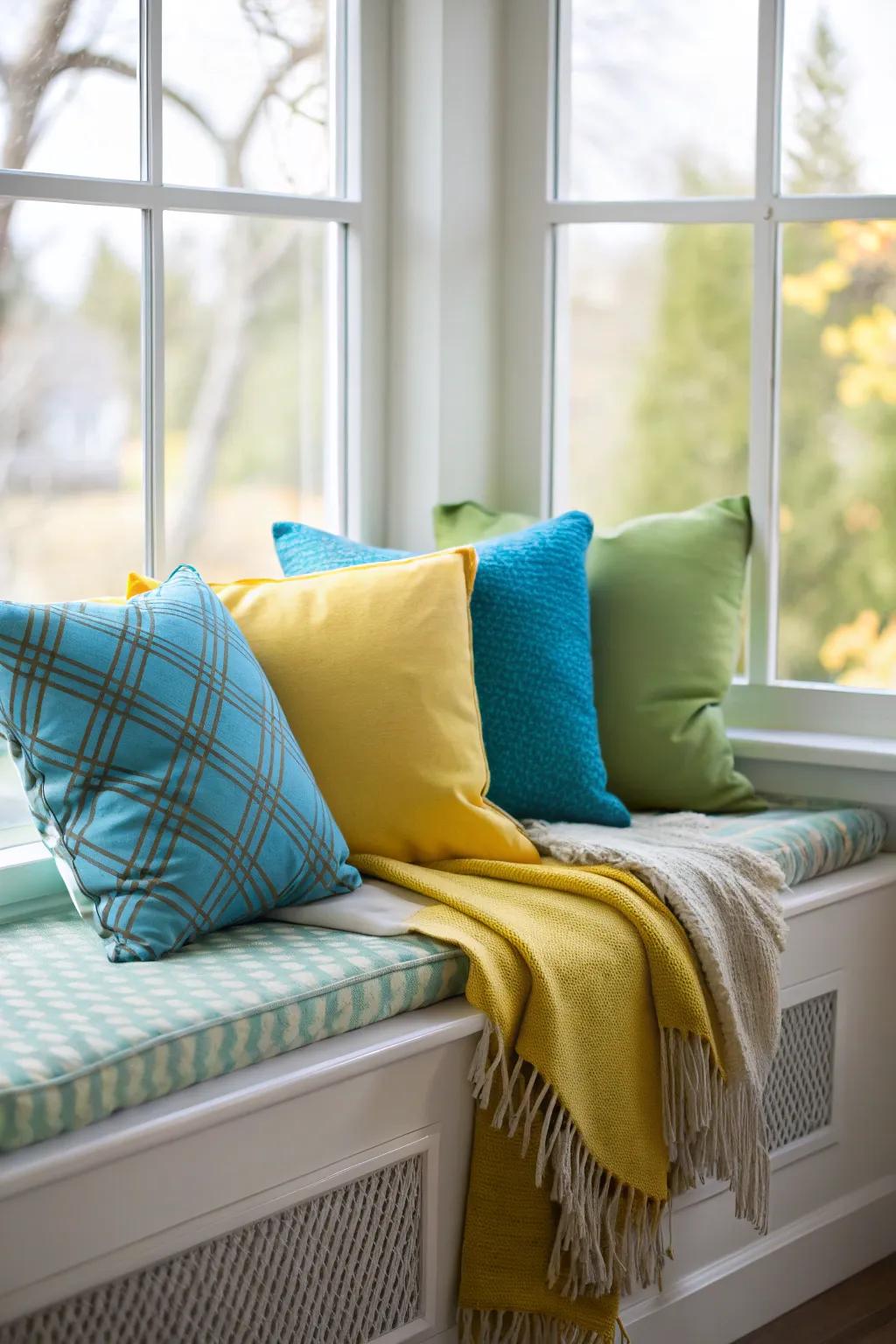 A window seat is decorated with bright cushions and a snug throw.