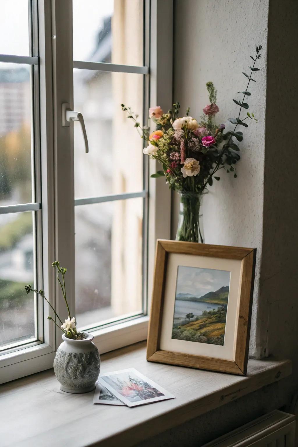 Artistic expressions along the windowsill introduce a tailored and innovative flair.
