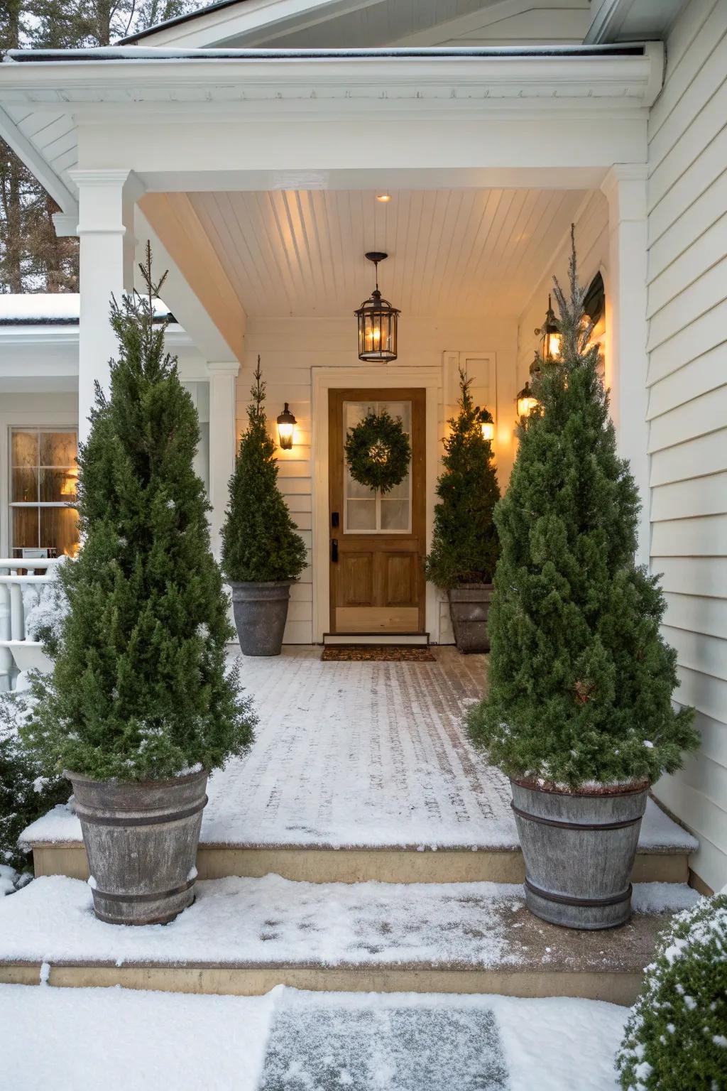 Potted evergreen trees contribute lush greenery to this winter porch.