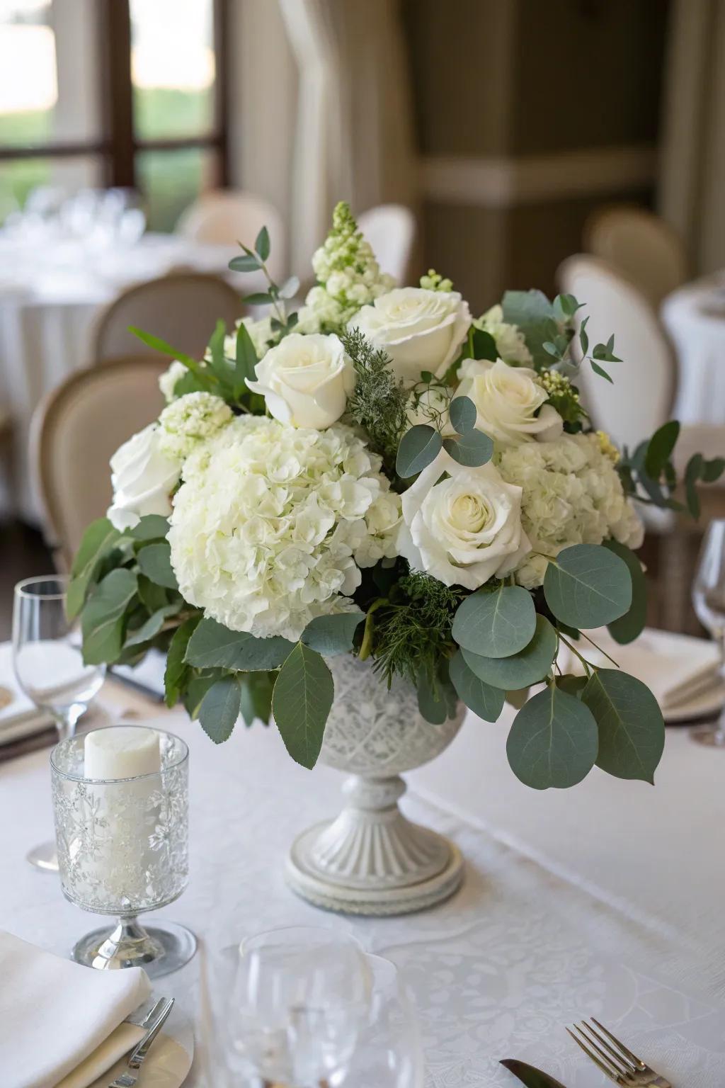 A light floral arrangement exudes timeless winter beauty.