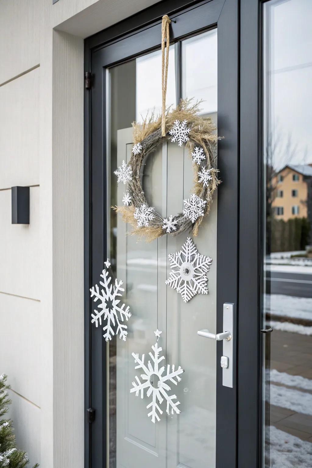 An understated snowflake wreath adds a sophisticated hint to winter aesthetics.