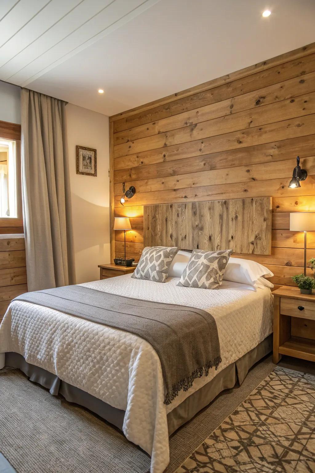 A timber accent wall acting as a headboard in a peaceful bedroom.