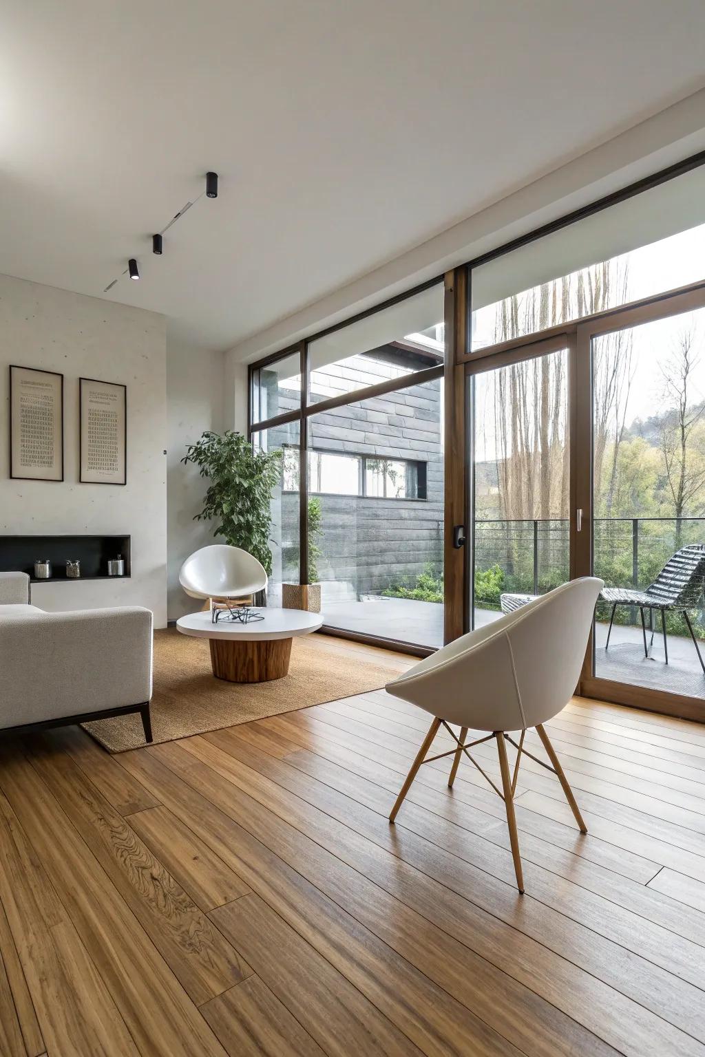 Contemporary interior presenting sustainable bamboo flooring.