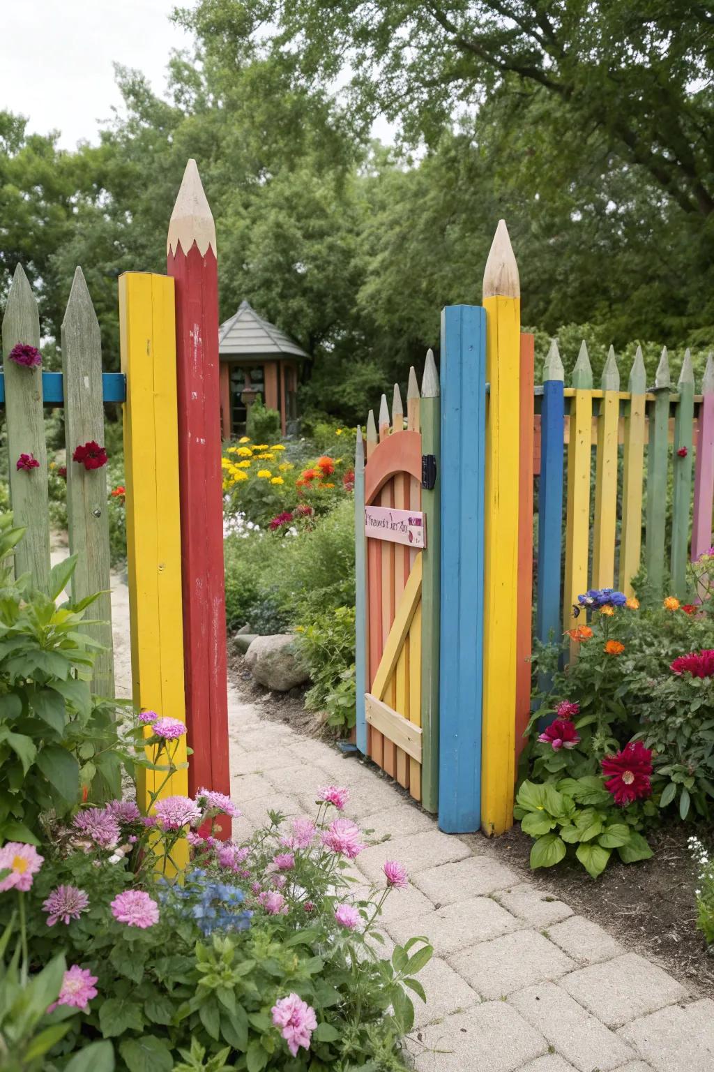 A pencil-shaped gate adds a splash of fun and creativity.