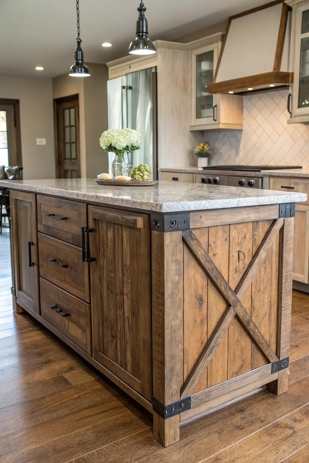 A gorgeous island that blends metal, stone, and wood to create a modern look.