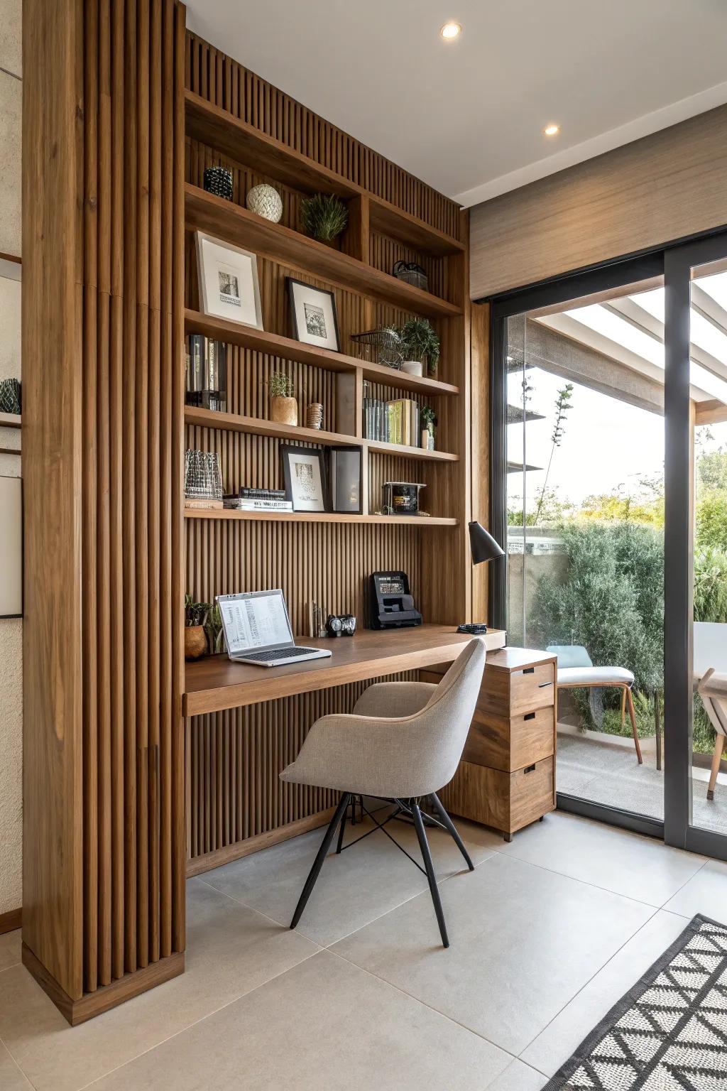 Practical and chic: timber strip wall integrated with shelving units.