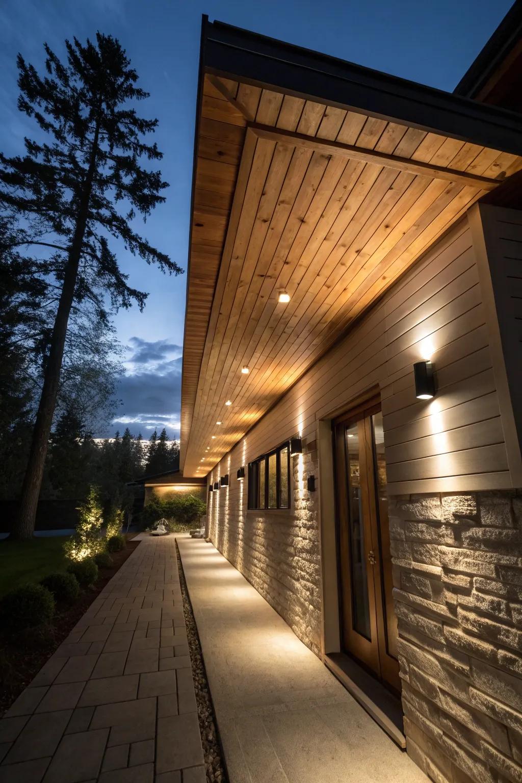 Integrated lighting in wood soffits casts a magical nighttime glow.