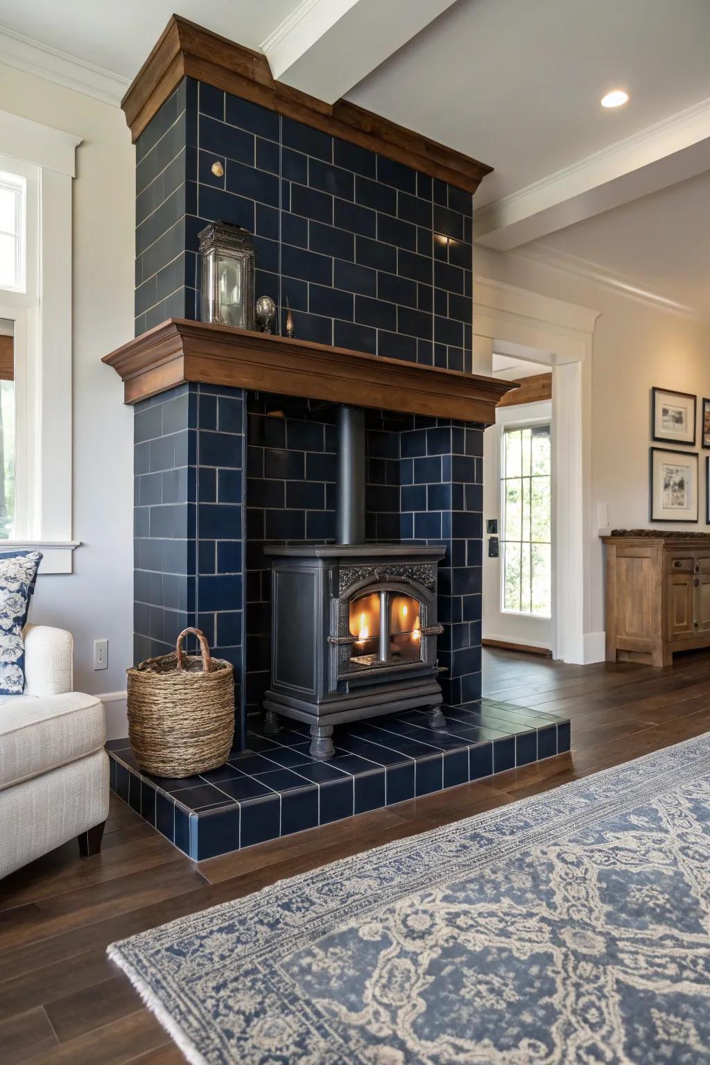 Dark tiles offer a striking and elegant setting for your wood stove.
