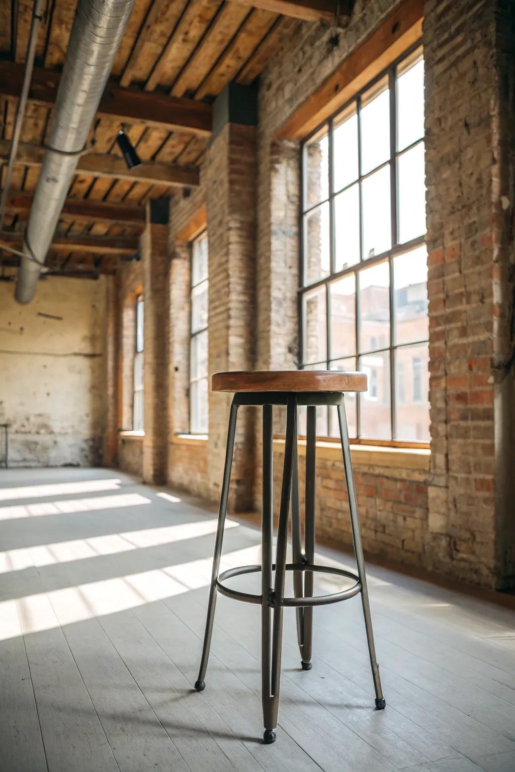 Industrial wooden stool brings urban sophistication to your home.