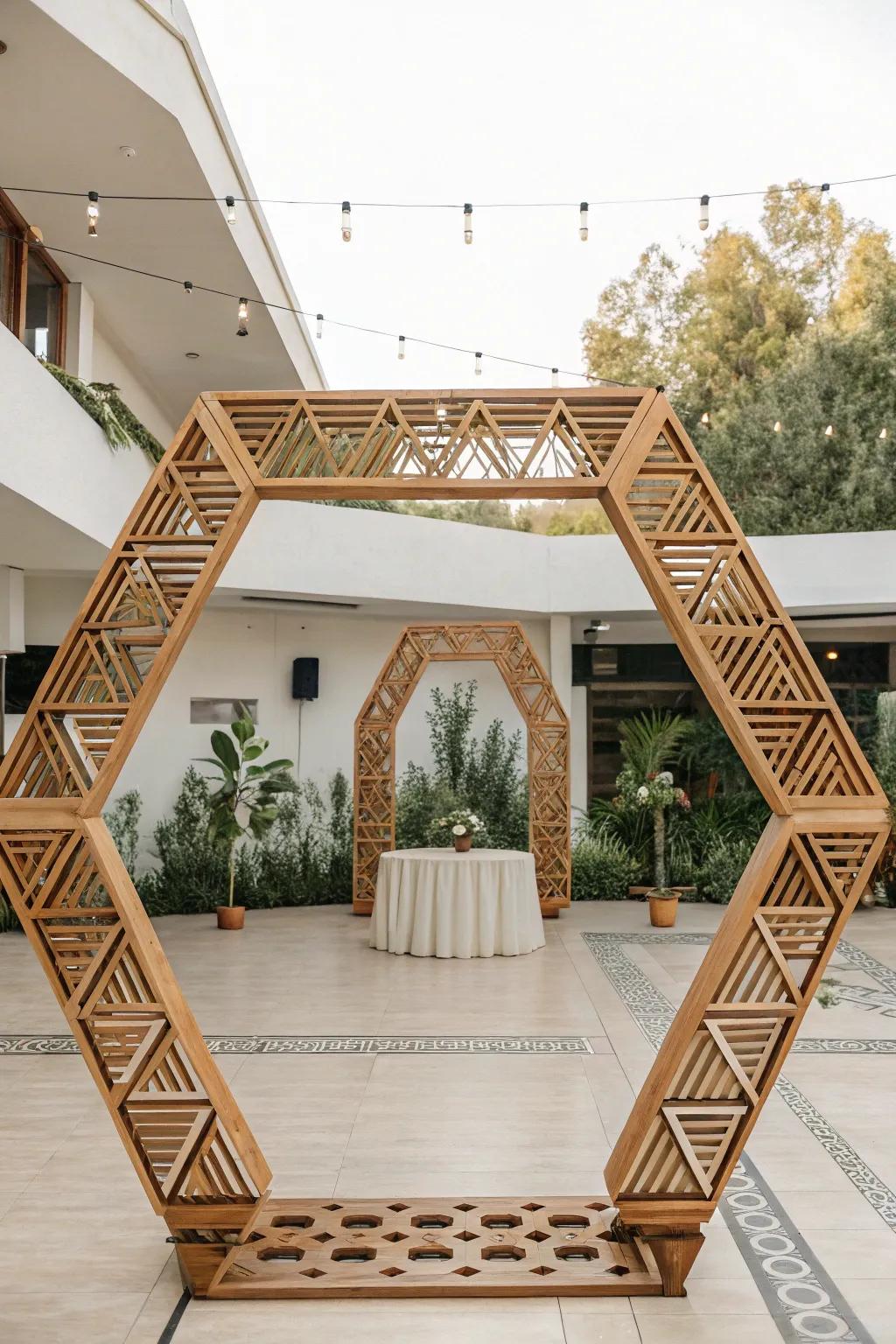 A geometric timber arch bestows a modern flair to your service.