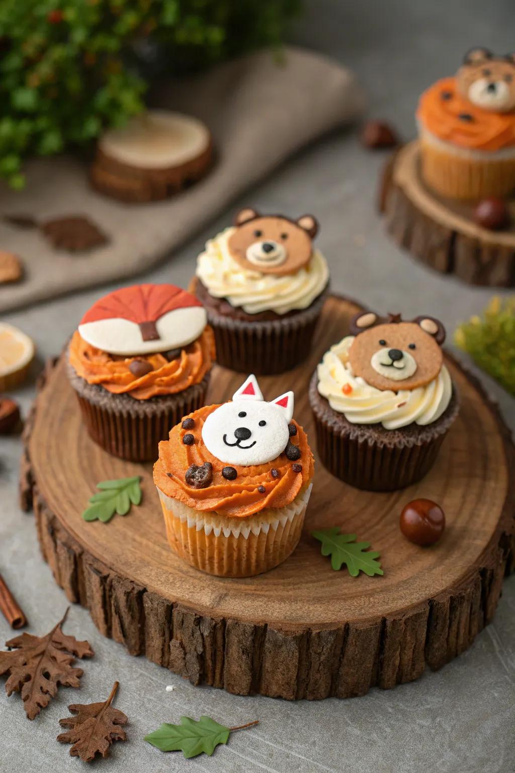 Woodland-themed cupcakes decorated with delightful fauna patterns.