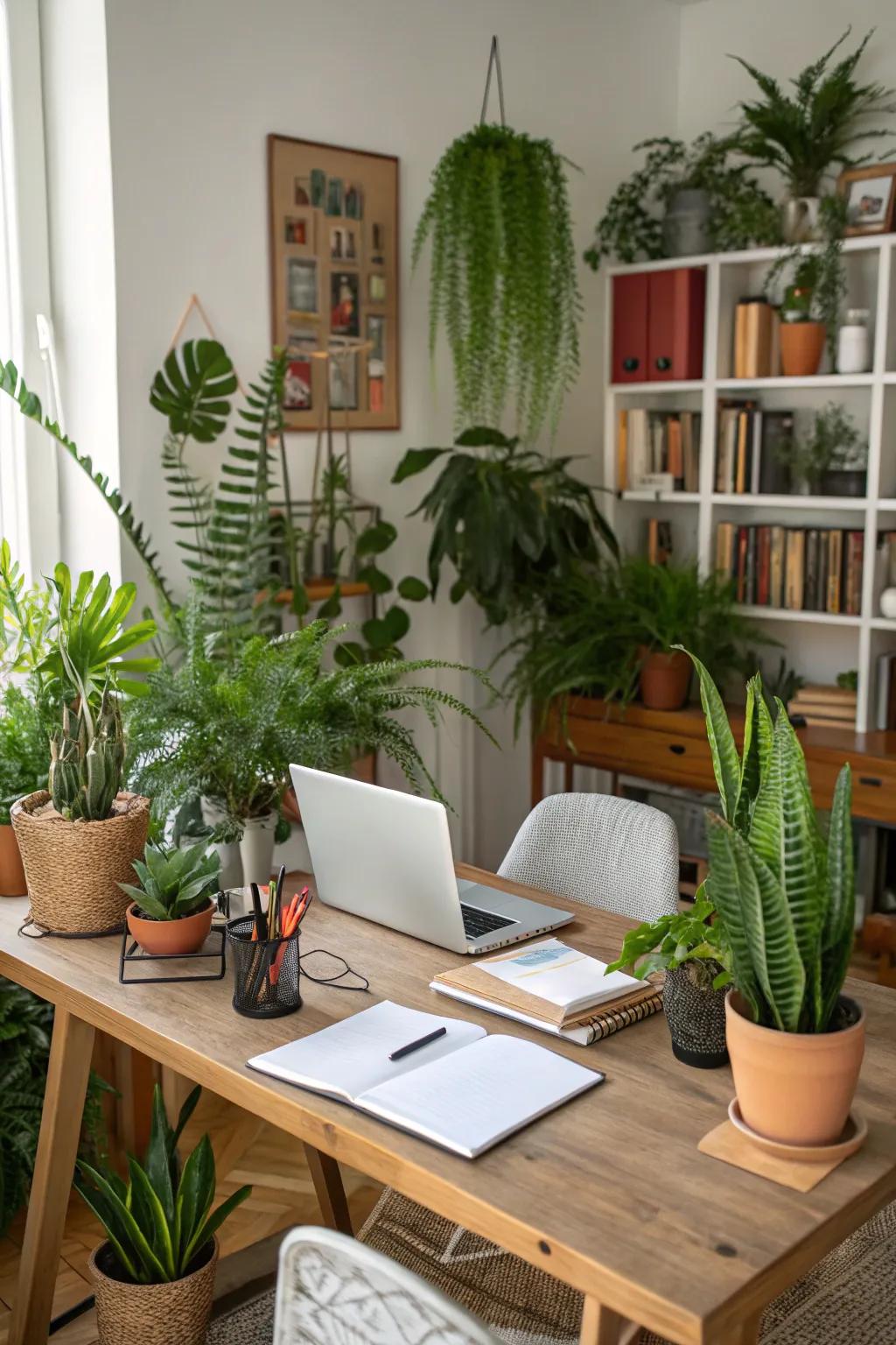 Greenery infusing life and freshness into a home office.