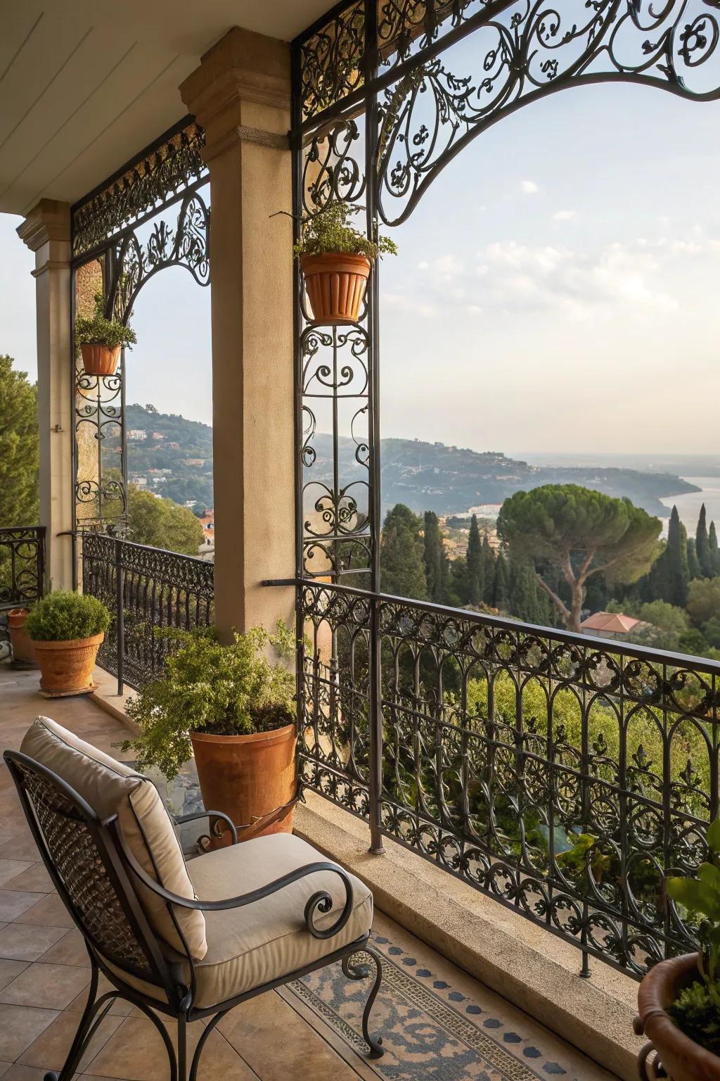 Your balcony space is elegantly defined by metalwork railings.