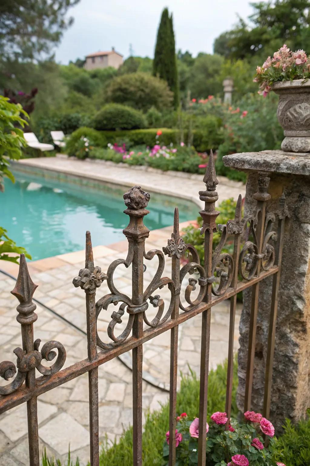 A vintage-esque fashioned iron barricade imparts a sentimental hint to this poolside.