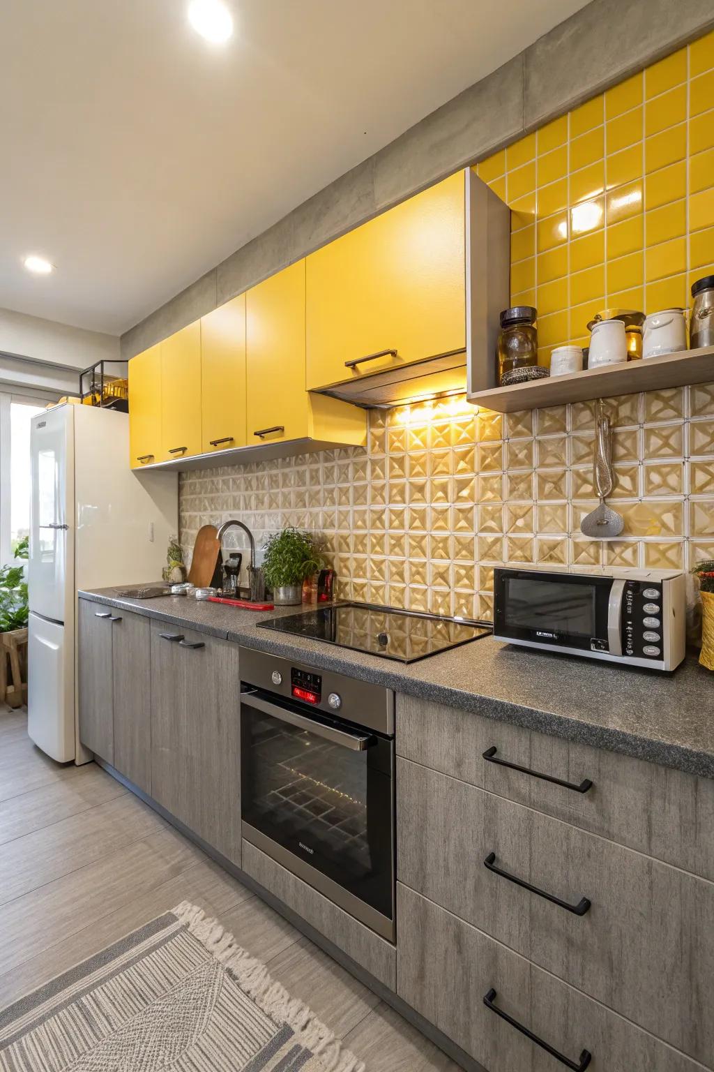 Stone gray counters go well with the bright yellow backsplash perfectly.