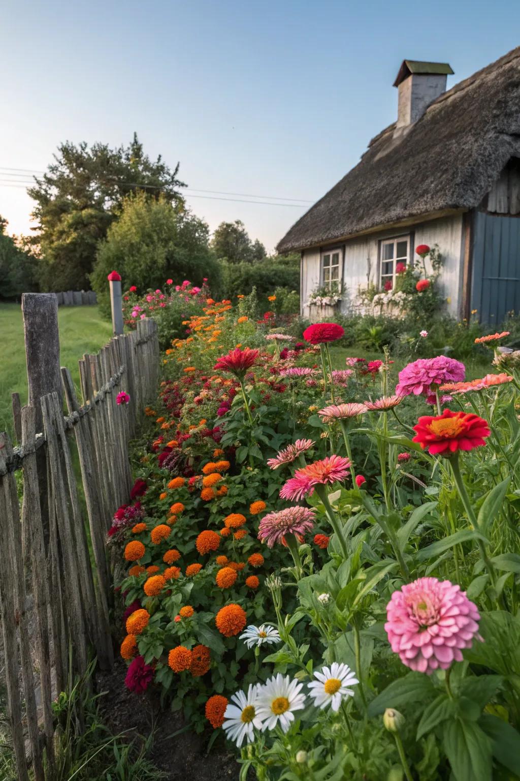 A charming quaint garden brimming with blossifys, towering mallows, and meadow daisies.