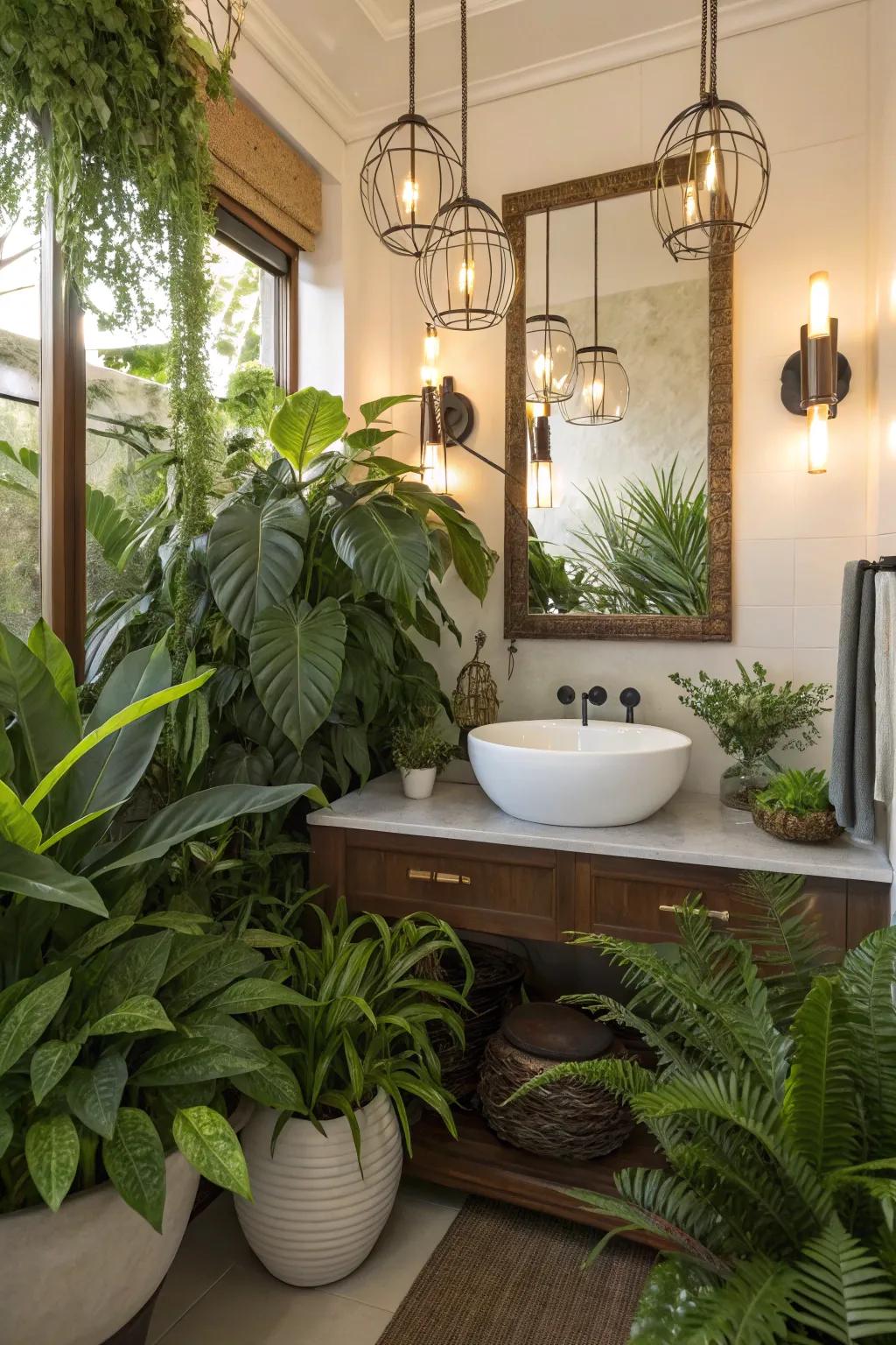 Abundant verdure infuses a rejuvenating atmosphere into this powder room.
