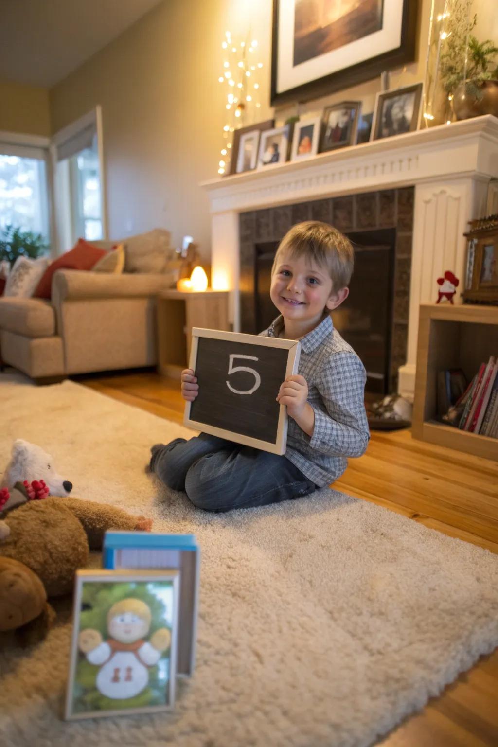 A chalkboard sign enriches birthday photos with a personalized accent.