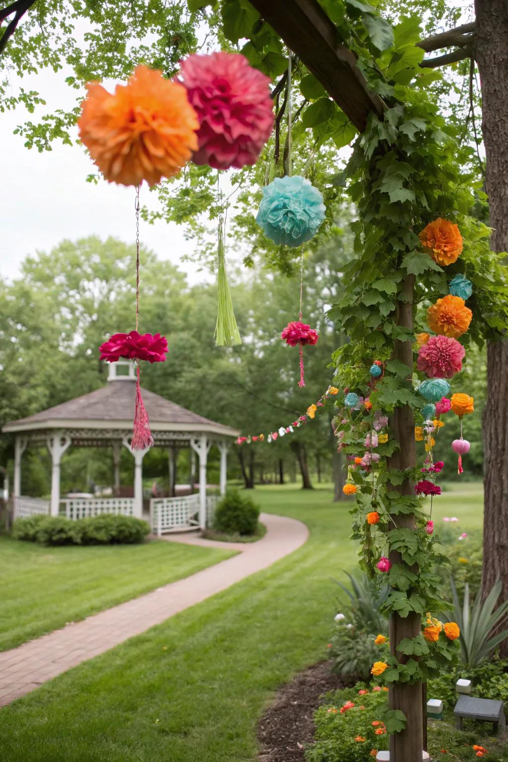 A garden party is enhanced with color by environmentally friendly paper flowers.