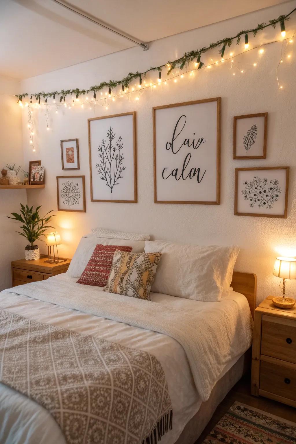 Uplifting words above the bed provide daily motivation.