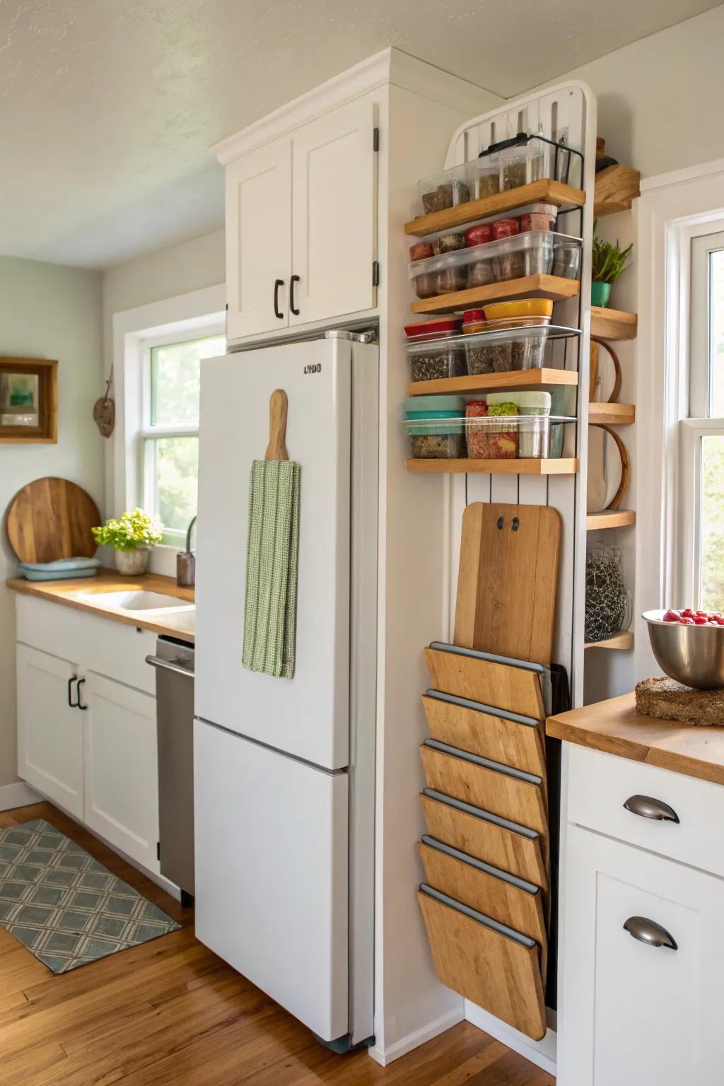 Vertical organizers keep trays and cutting boards neatly stored.