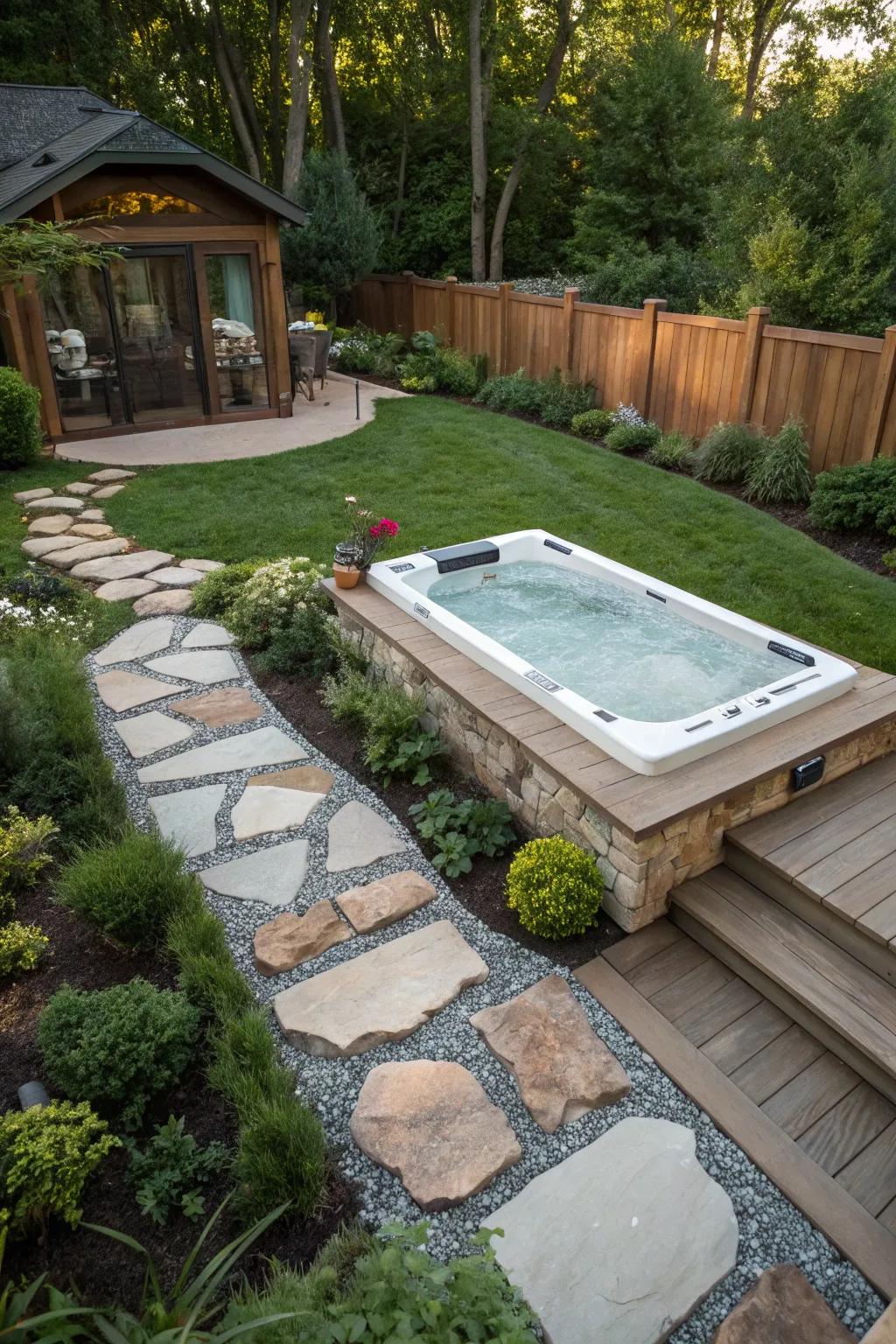 Stone highlights contribute elegance and resilience to the spa zone.