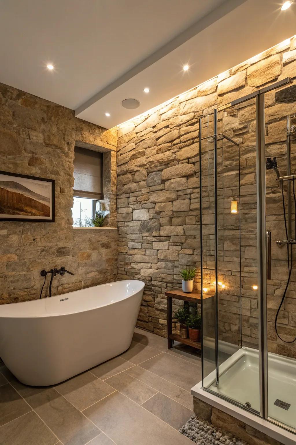 Rock facing creates an elegant, spa-inspired feel.