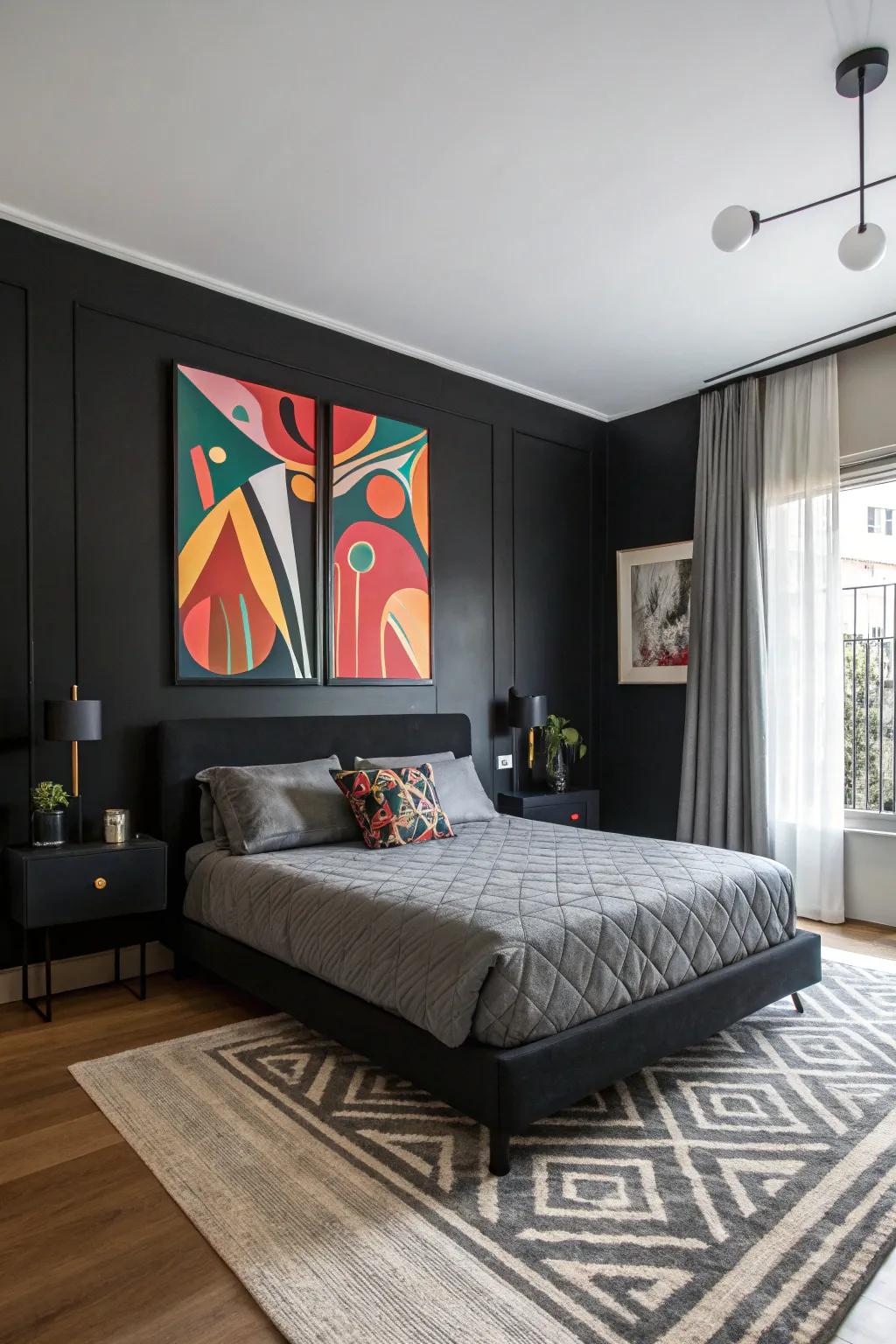 A dark-themed boudoir featuring abstract wall artistry as a center of attention.
