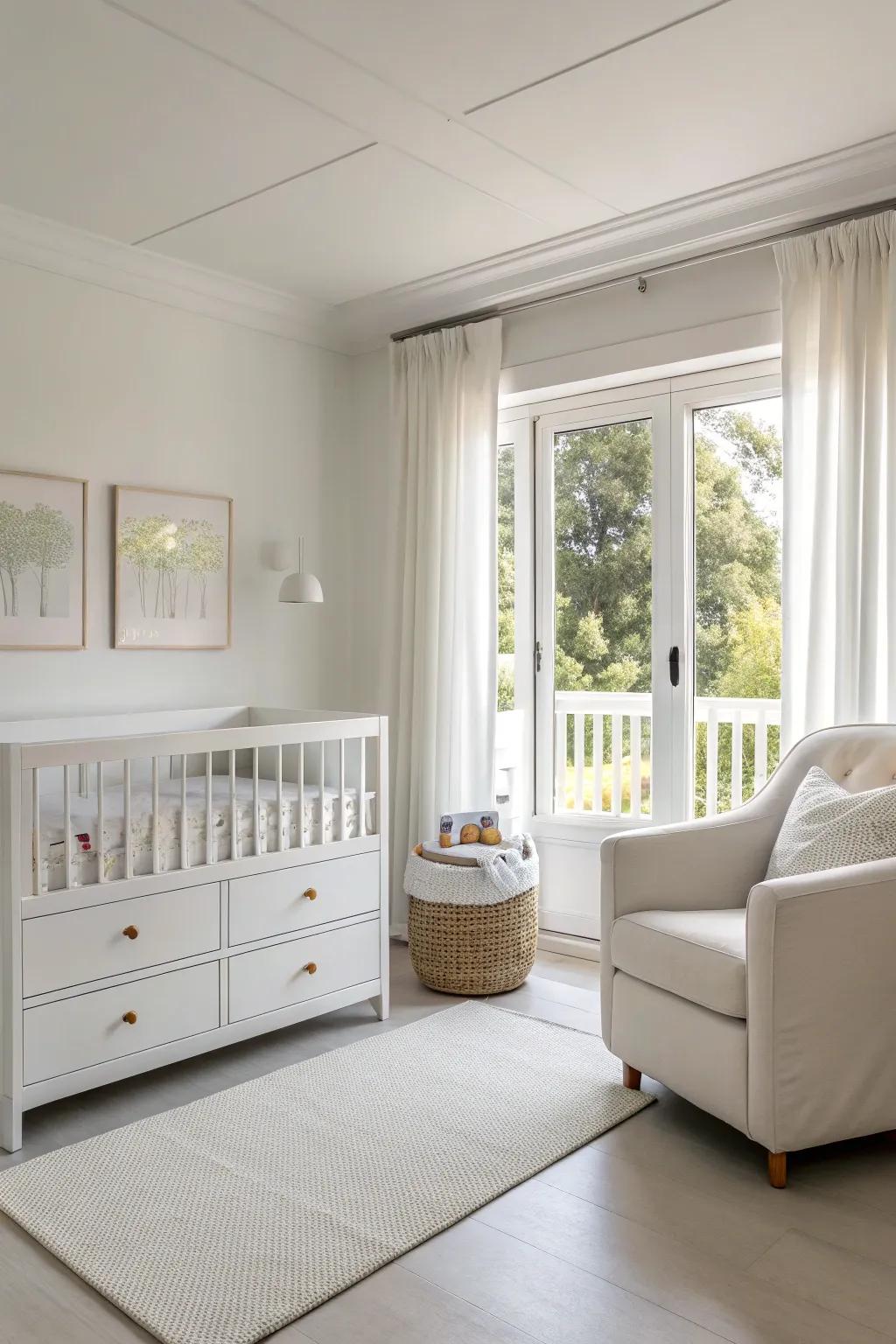 The serene vibe of a white nursery is enhanced by simple furniture.