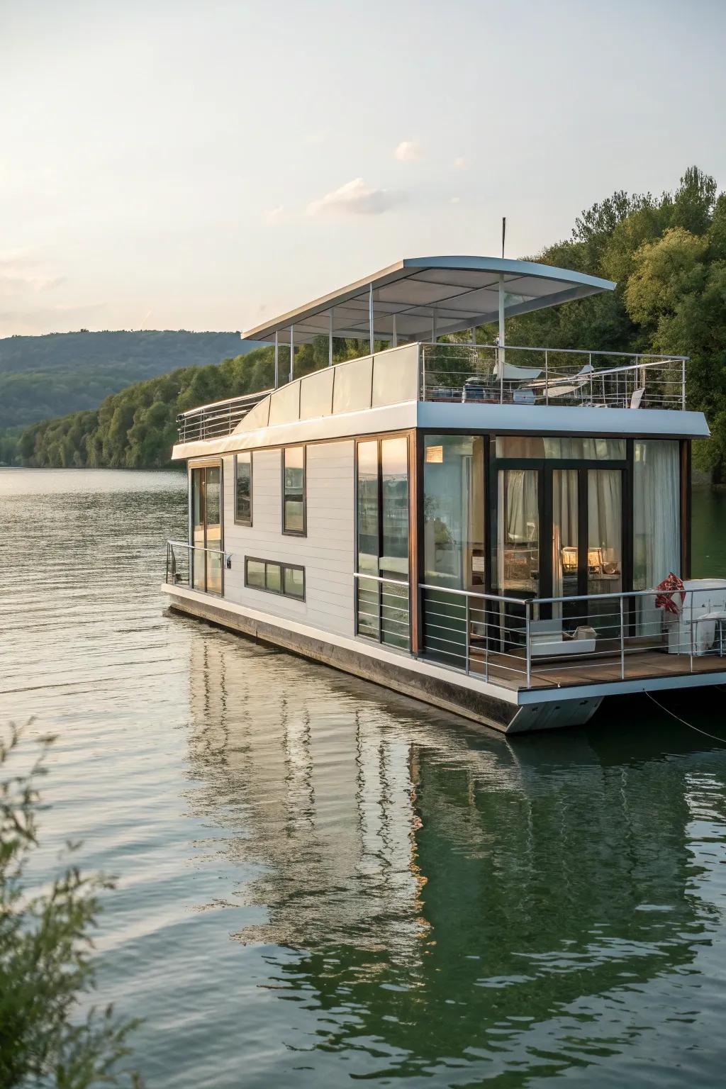 Enjoy the tranquility of living by the water in a charming houseboat.