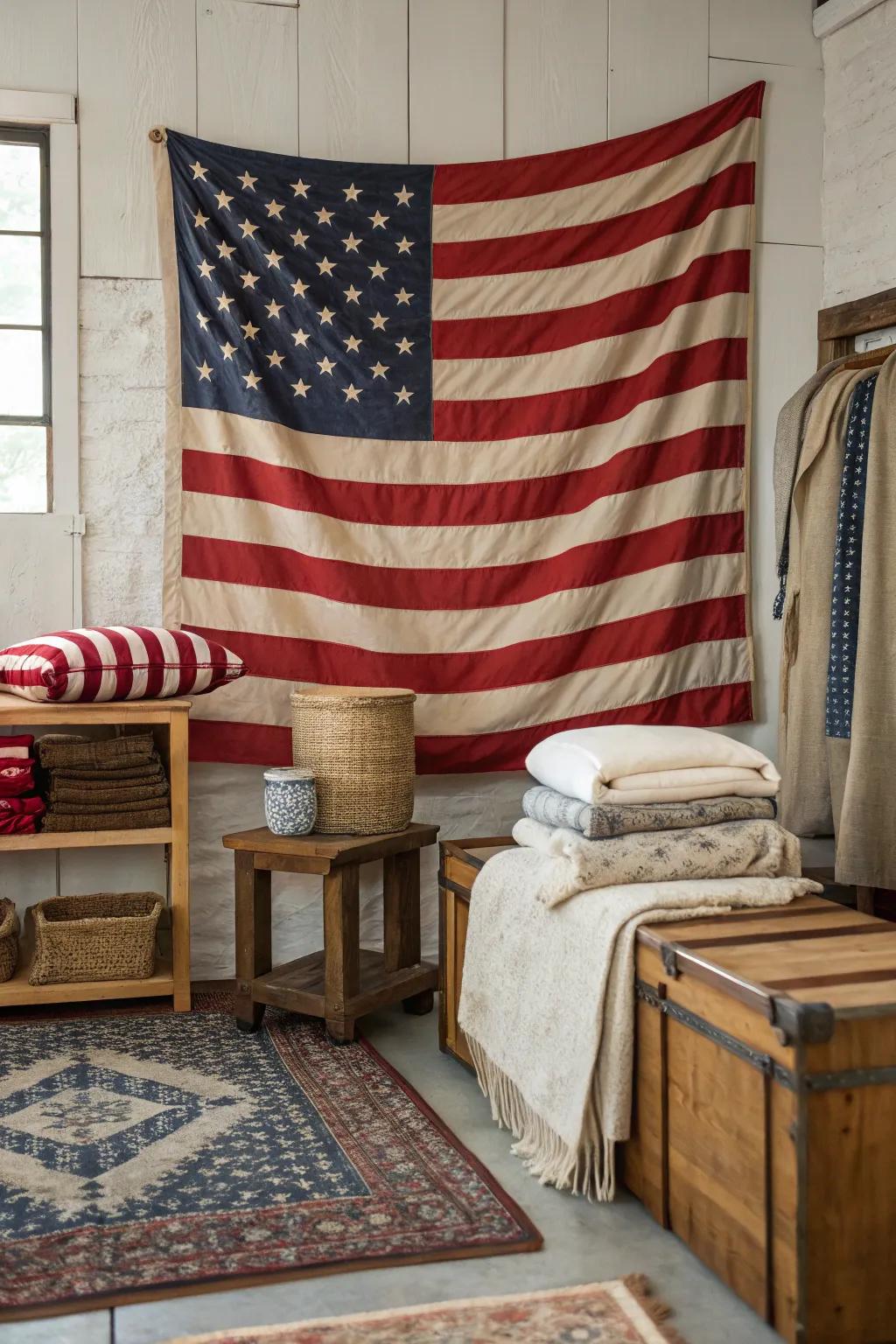 Assembled textures alongside a flag enrich this room.