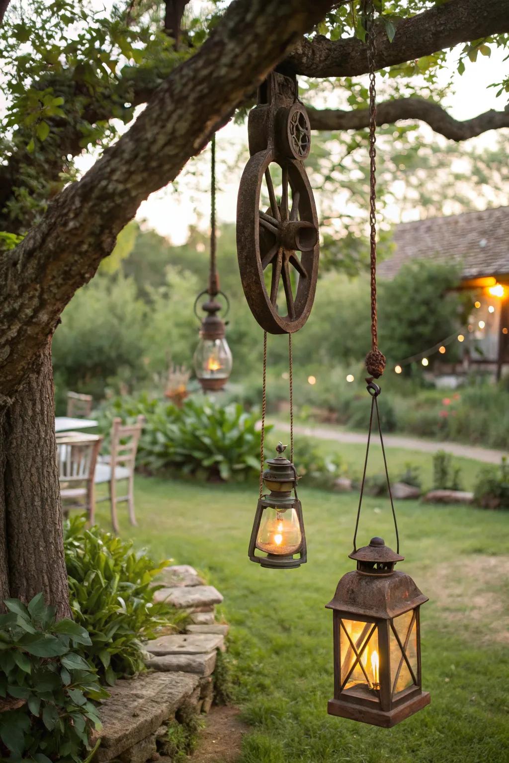 Craft enchanting garden illumination with vintage pulleys.