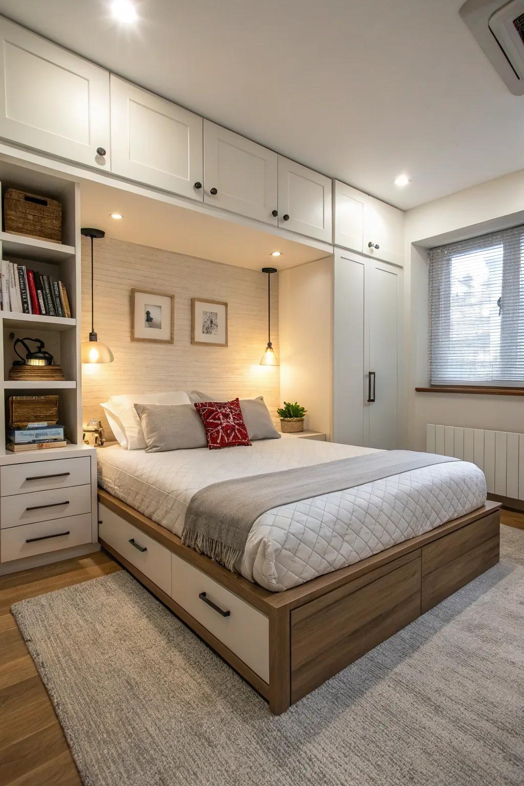 A functional apartment bedroom featuring a bed frame with built-in storage.