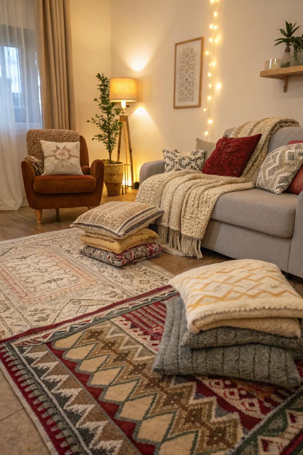 A warm and inviting living area is made using layered textures.