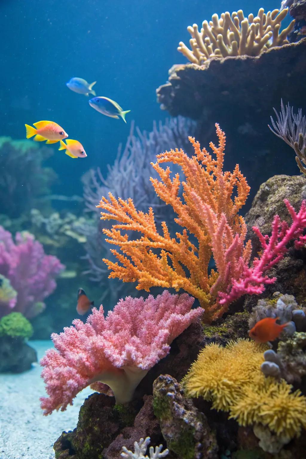 Striking synthetic coral introduces a surge of hue to the tank.