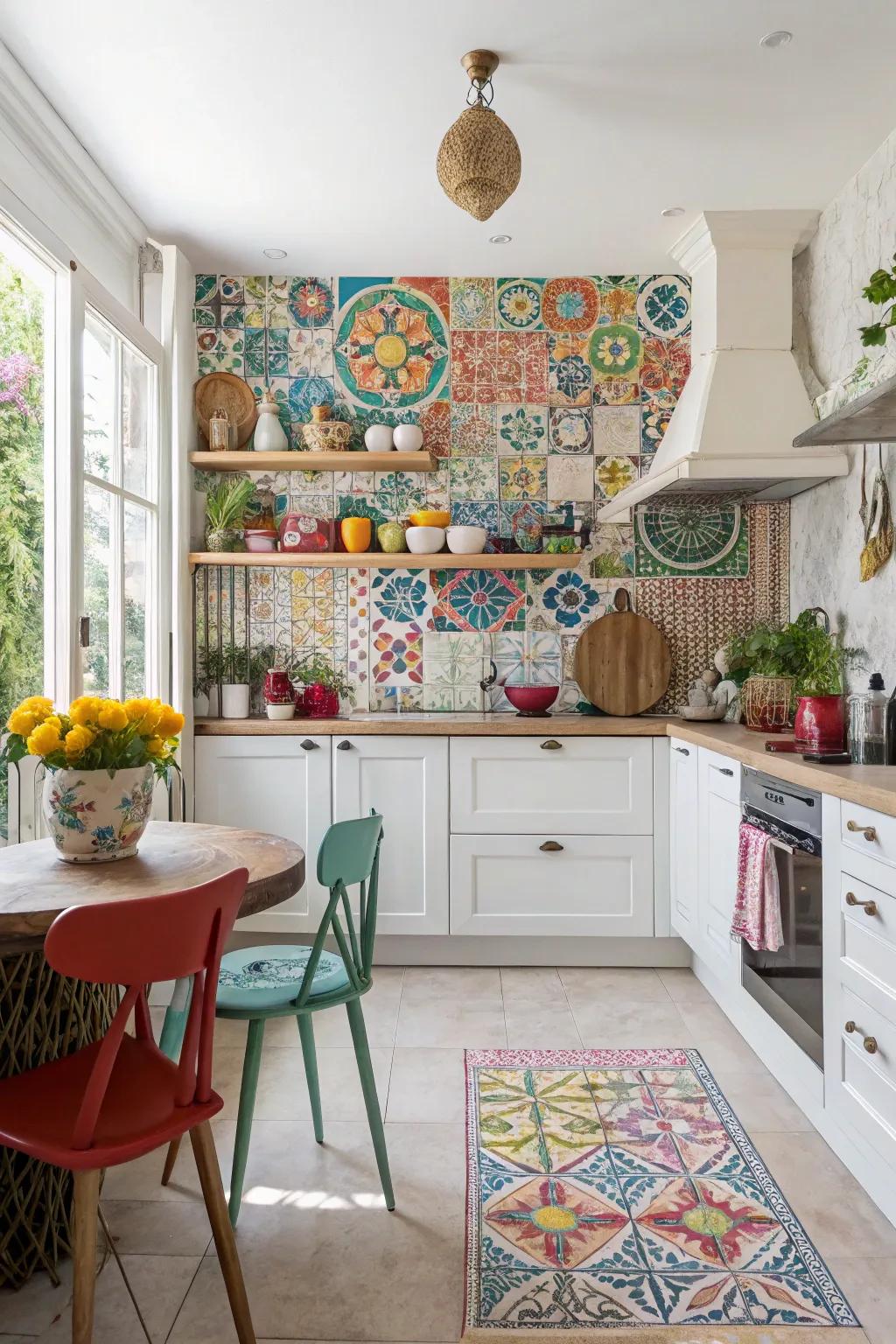 A vibrant kitchen showcases a lively, colorful arabesque tile backsplash.