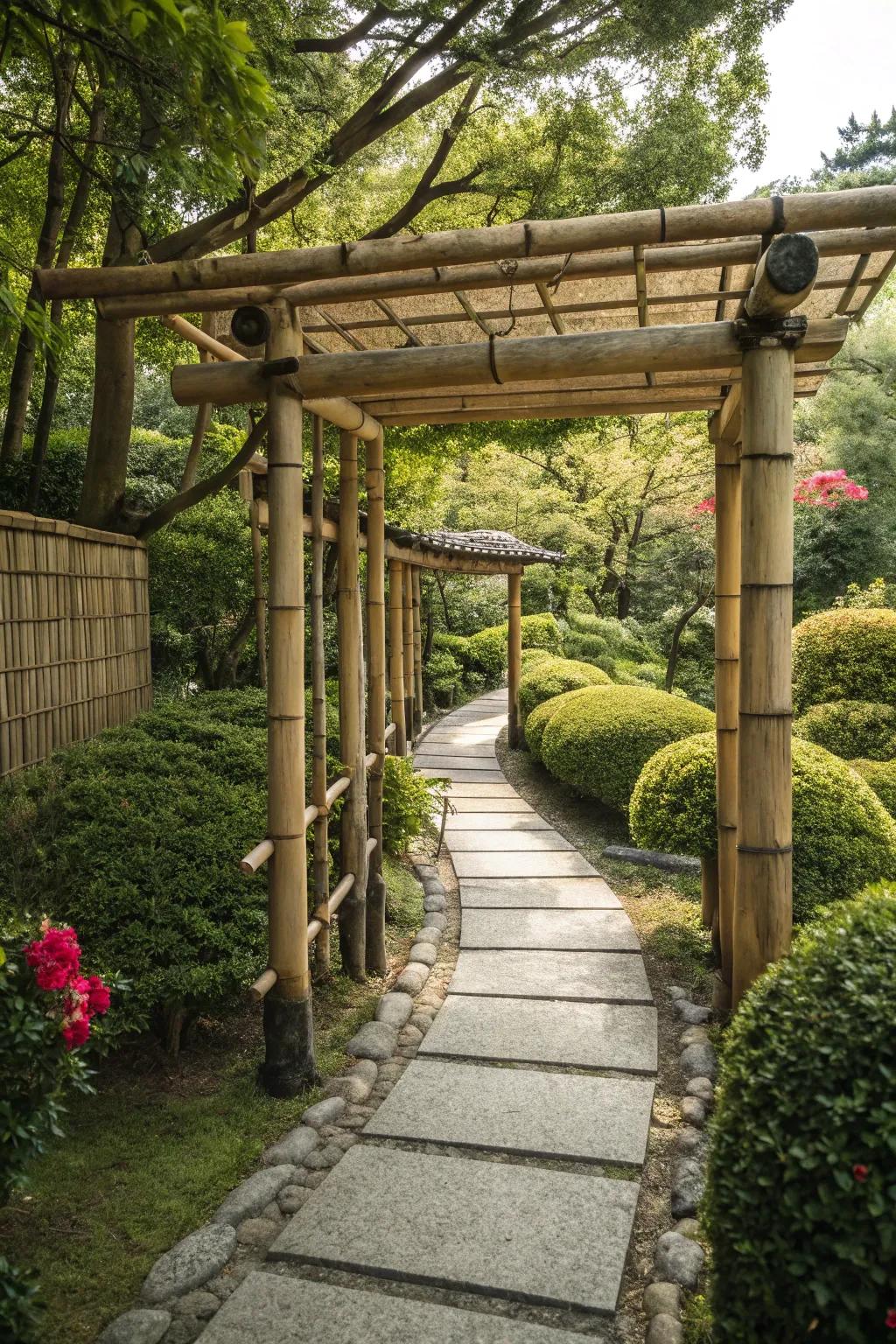 A serene Japanese-style arbor making a peaceful garden withdraw.