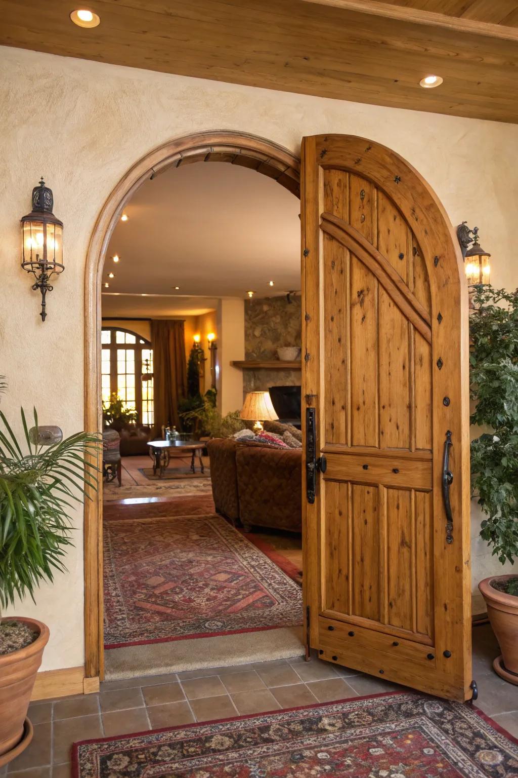 A timber archway entrance imbuing warmth and grain into an inviting interior.