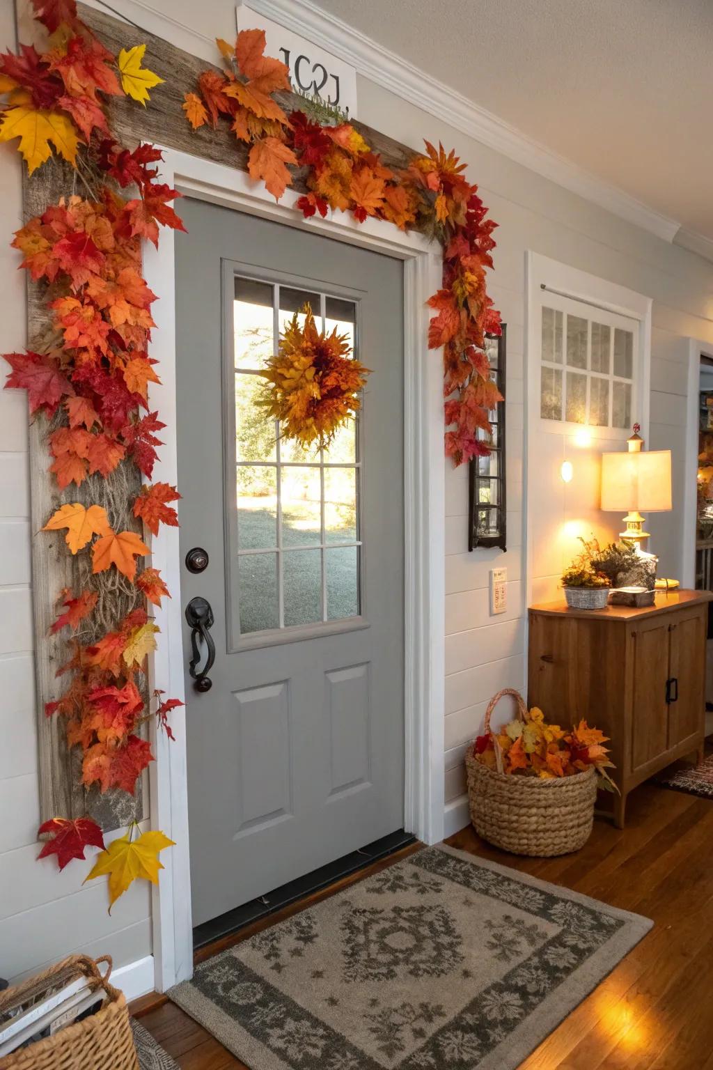 A seasonal-themed door that enhances the ambiance of fall in the home.