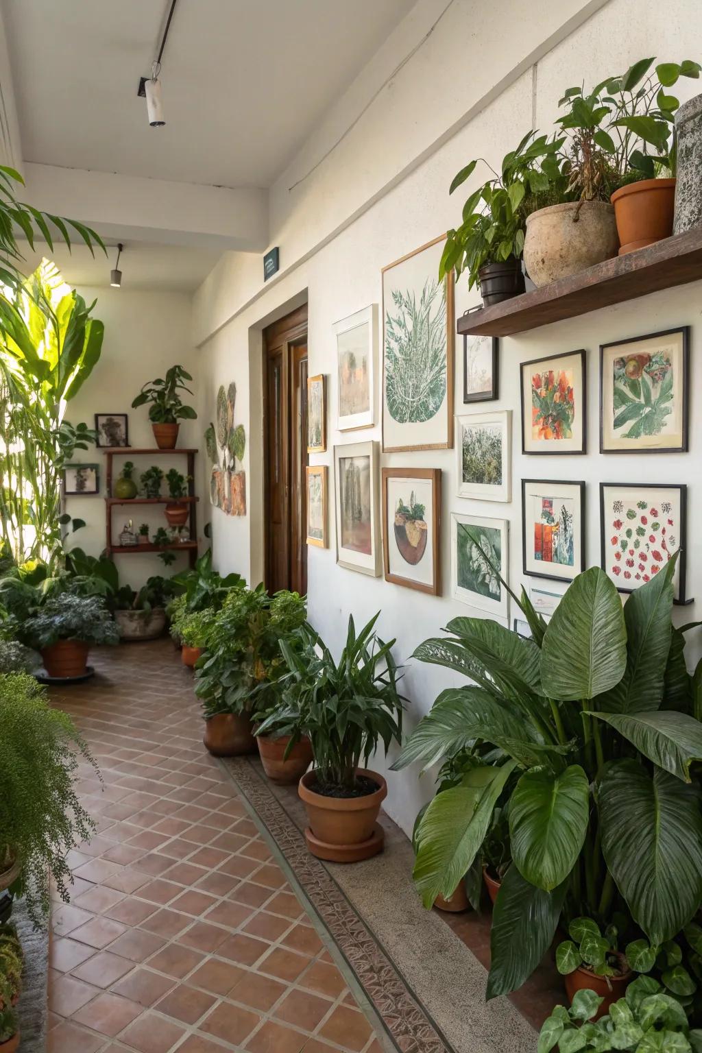Botanicals and art in combination create a vibrant and natural atmosphere.