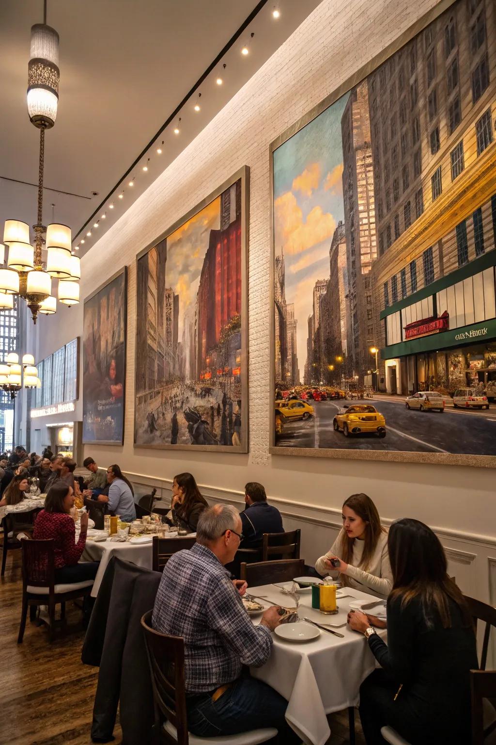 Metropolitan-themed artworks inject a bustling city atmosphere into this eating area.