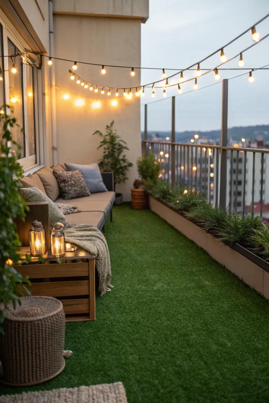 Transform your balcony into a comfortable retreat with synthetic lawn and ambient lighting.