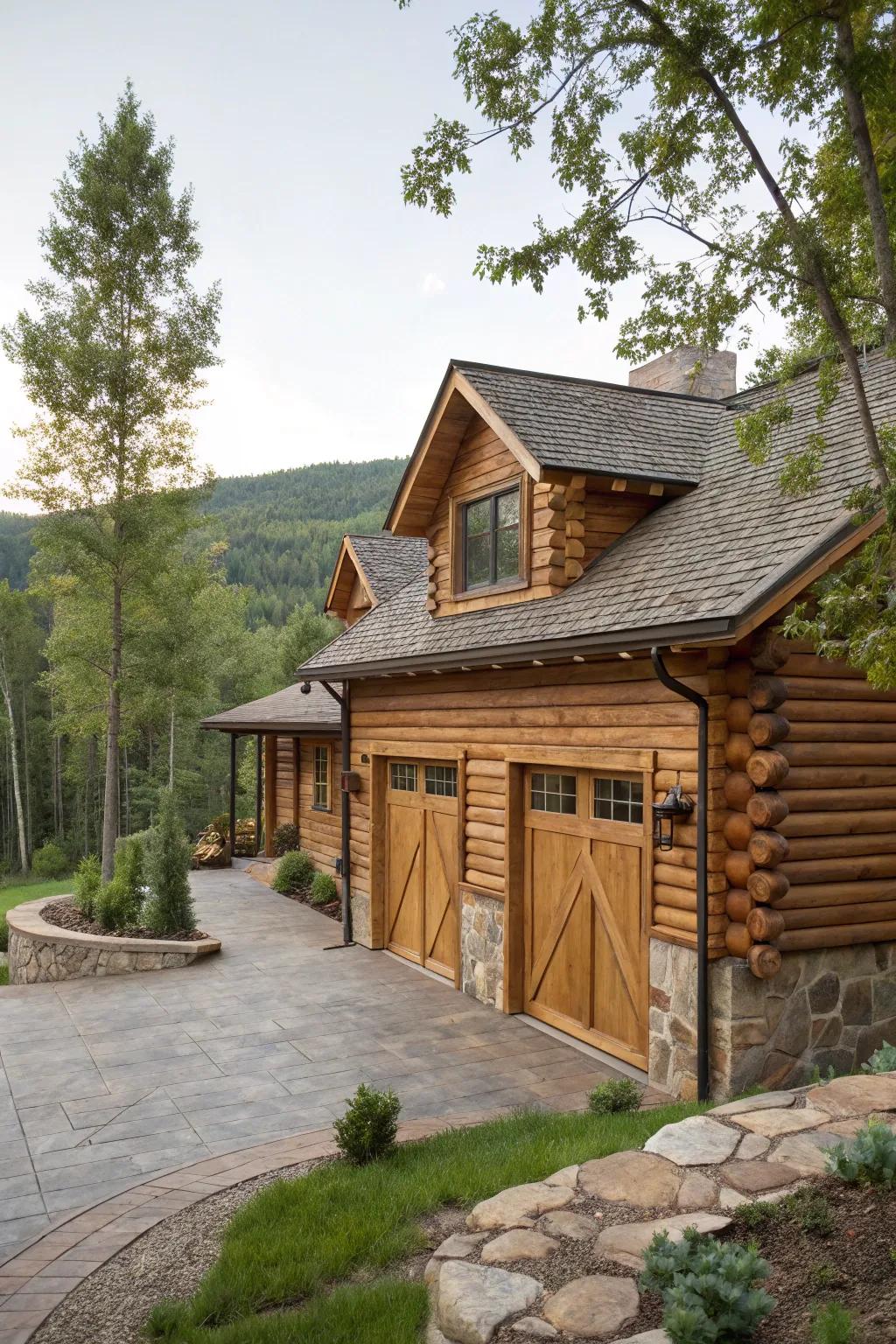 A rustic timber-themed garage harmonizing beautifully with the surrounding natural landscape.